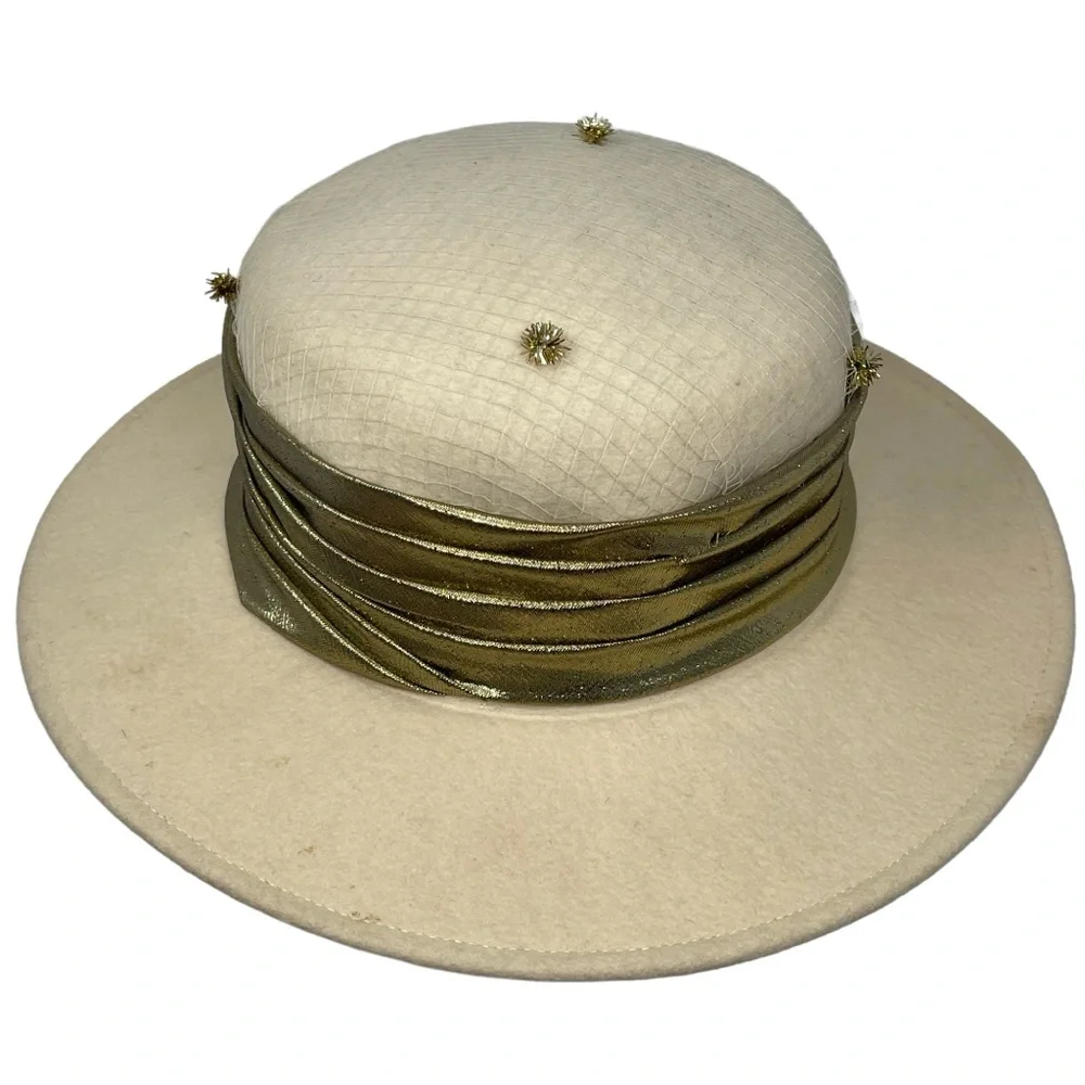 Vintage Michael Howard Designer Hat Cream 100% Wool Felt Hat With Gold Details - Picture 3 of 10